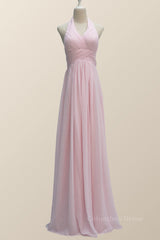 Party Dress Couple, Halter Pink Chiffon A-line Long Bridesmaid Dress