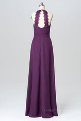 Bridesmaid Dress Navy Blue, Halter Purple Chiffon A-line Long Bridesmaid Dress