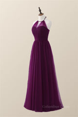 Prom Dresses Near Me, Halter Purple Tulle Long Bridesmaid Dress