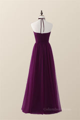 Prom Dress Near Me, Halter Purple Tulle Long Bridesmaid Dress