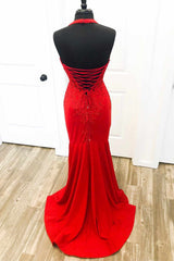 Evening Dresses For Over 63S, Halter Red Mermaid Long Prom Dresses Lace Appliques