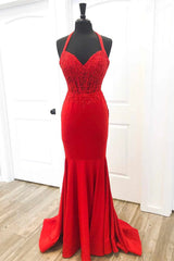 Evening Dresses For Over 63, Halter Red Mermaid Long Prom Dresses Lace Appliques