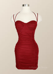 Formal Dress For Teen, Halter Red Ruched Bodycon Mini Dress