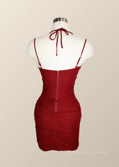 Formal Dresses For Teen, Halter Red Ruched Bodycon Mini Dress