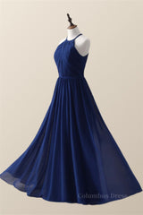 Bridesmaids Dresses Long, Halter Royal Blue Pleated Long Bridesmaid Dress