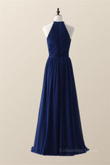 Bridesmaid Dresses Spring, Halter Royal Blue Pleated Long Bridesmaid Dress