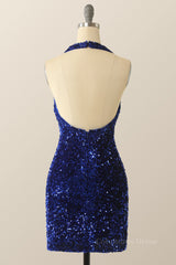 Homecoming Dresses Sweetheart, Halter Royal Blue Sequin Bodycon Dress