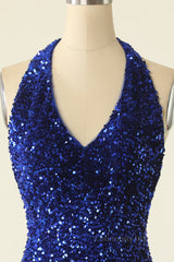 Homecoming Dresses For Middle School, Halter Royal Blue Sequin Bodycon Dress