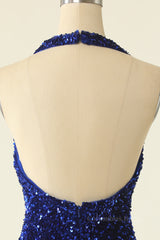 Homecoming Dresses 18 Year Old, Halter Royal Blue Sequin Bodycon Dress