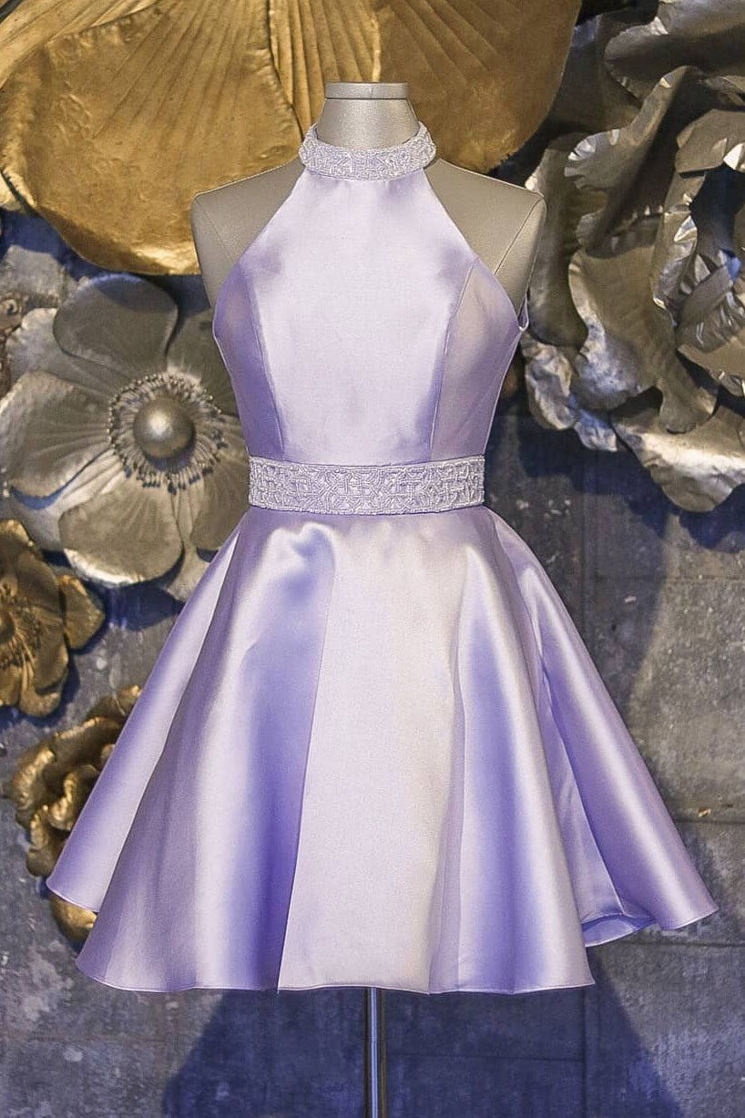 Bridesmaid Dresses Mismatched Winter, Halter Short Lavender A Line Satin Homecoming Dress with Beading