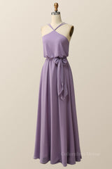 Bridesmaid Dresses Websites, Halter Straps Purple Chiffon Long Bridesmaid Dress