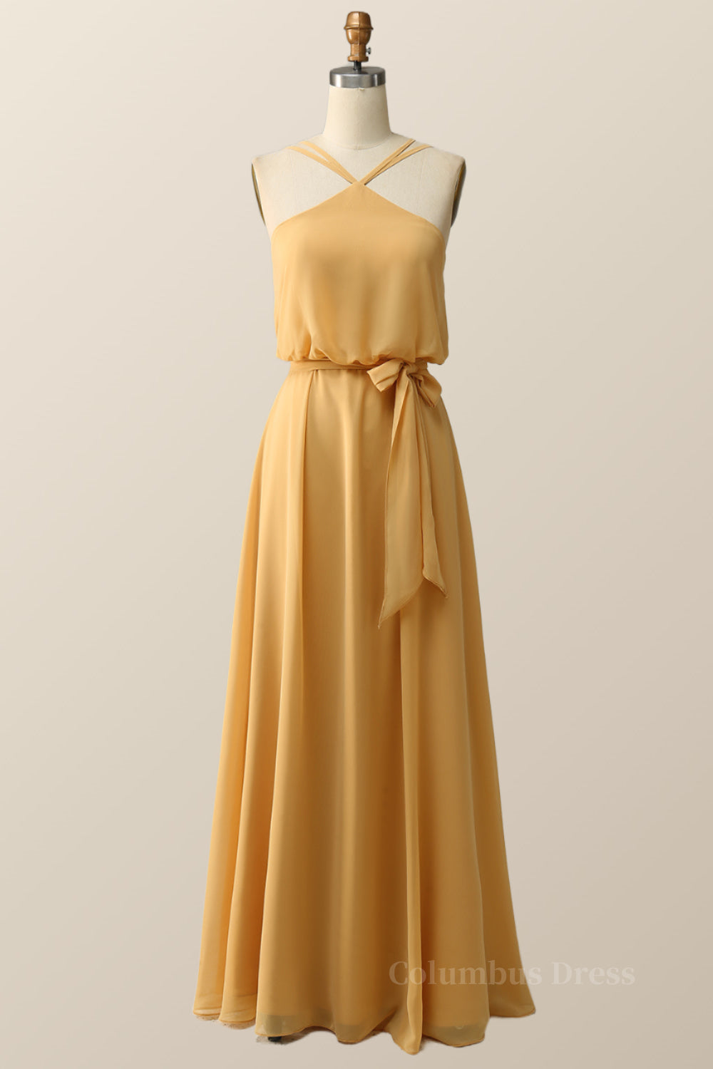Maxi Dress, Halter Straps Yellow Chiffon Long Bridesmaid Dress