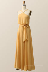 Gold Prom Dress, Halter Straps Yellow Chiffon Long Bridesmaid Dress