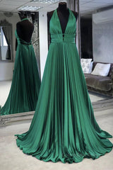 Gorgeou Dress, Halter V Neck Backless Emerald Green Satin Long Prom Dress, Backless Emerald Green Formal Graduation Evening Dress