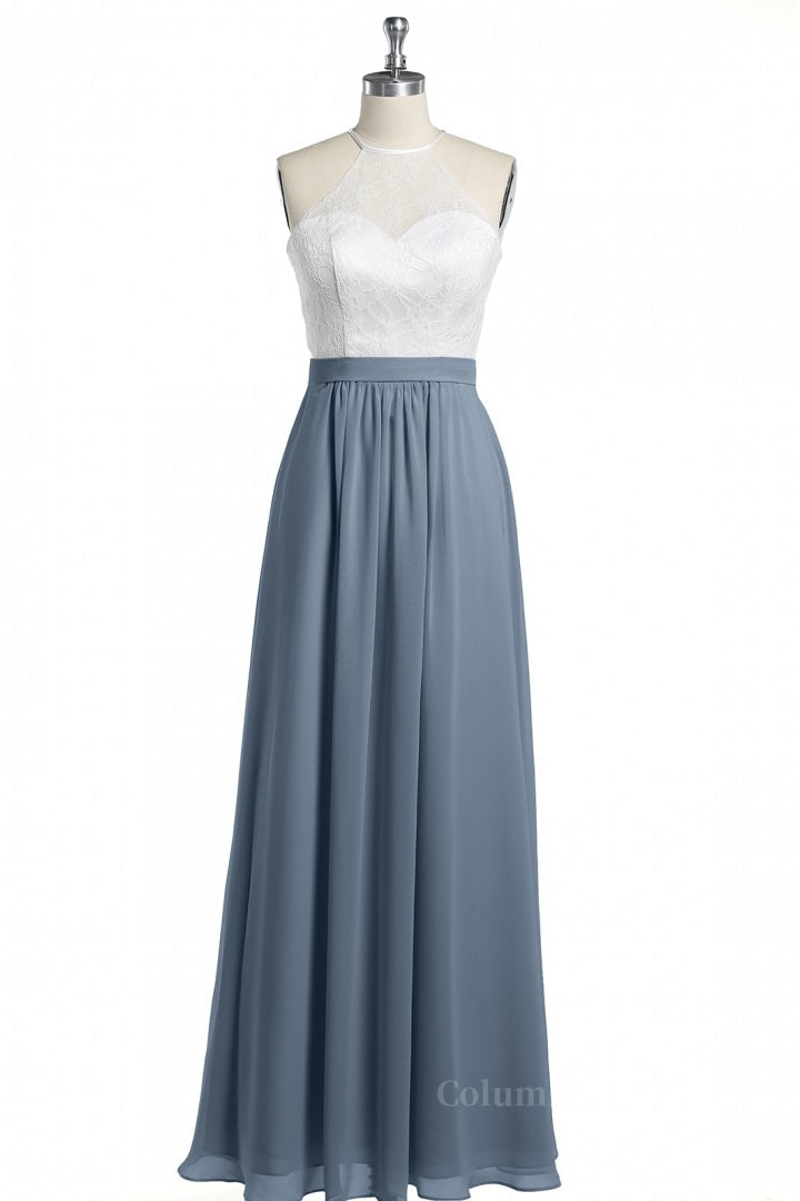 Bridesmaid Dresses Modest, Halter White Lace and Dusty Blue Chiffon Long Bridesmaid Dress