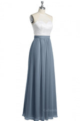 Country Wedding, Halter White Lace and Dusty Blue Chiffon Long Bridesmaid Dress