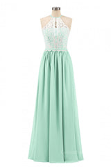 Silk Wedding Dress, Halter White Lace and Mint Green Chiffon Long Bridesmaid Dress