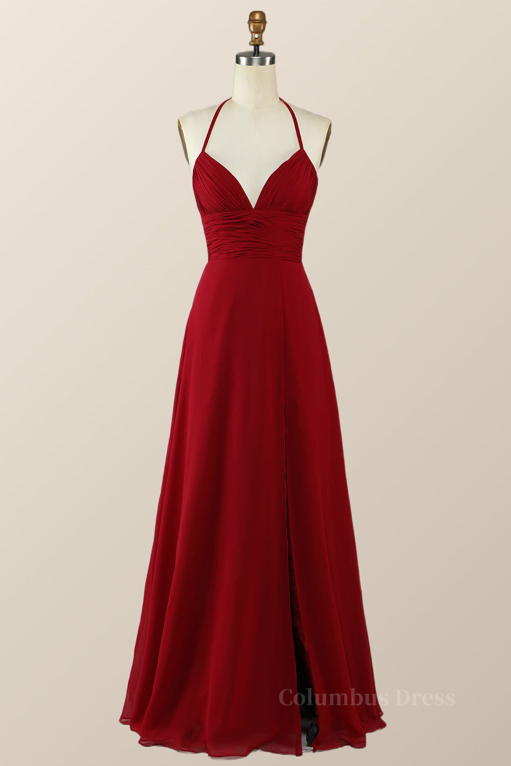 White Prom Dress, Halter Wine Red Empire A-line Long Bridesmaid Dress
