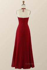 Glam Dress, Halter Wine Red Empire A-line Long Bridesmaid Dress