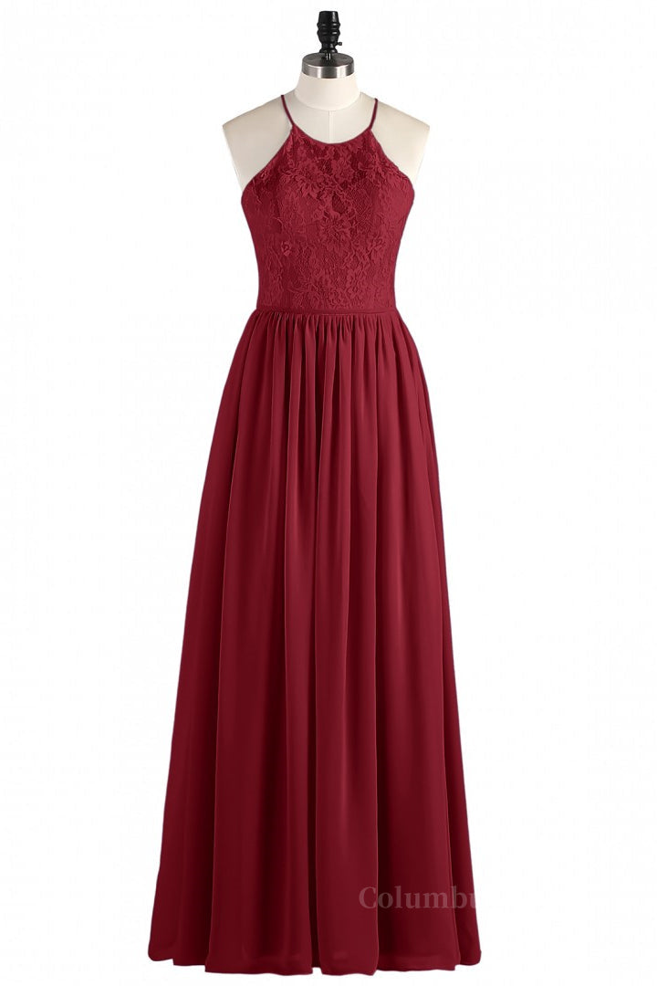 Elegant Prom Dress, Halter Wine Red Lace and Chiffon Long Bridesmaid Dress
