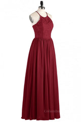 Prom Dress Long, Halter Wine Red Lace and Chiffon Long Bridesmaid Dress