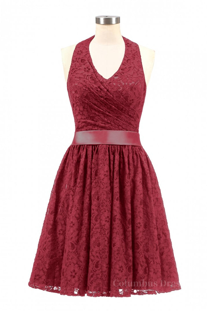 Pink Bridesmaid Dress, Halter Wine Red Lace Short A-line Bridesmaid Dress
