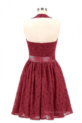 Fall Wedding Color, Halter Wine Red Lace Short A-line Bridesmaid Dress