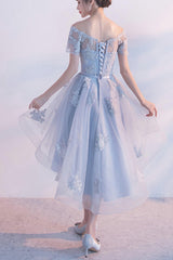 Dinner Outfit, Off The Shoulder Dusty Blue High Low Homecoming Dress Tulle Short Cocktail Dresses