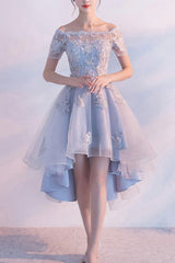 Elegant Dress Classy, Off The Shoulder Dusty Blue High Low Homecoming Dress Tulle Short Cocktail Dresses