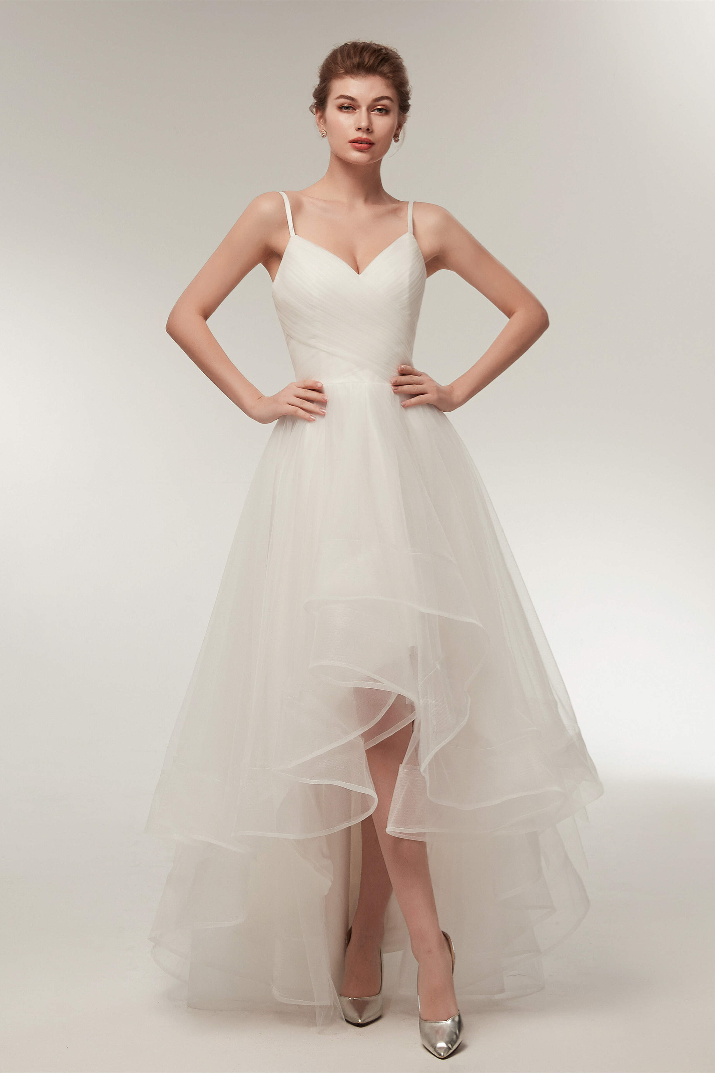 Wedding Dress Style 2028, High Low Spaghetti Straps Minimalist Design Wedding Dresses