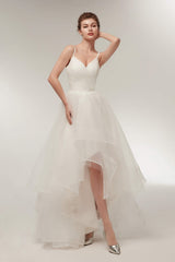 Wedding Dress 2028, High Low Spaghetti Straps Minimalist Design Wedding Dresses