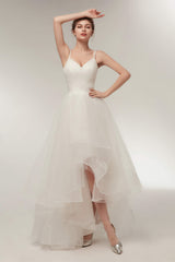 Wedding Dresses For Shorter Brides, High Low Spaghetti Straps Minimalist Design Wedding Dresses