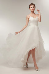 Wedding Dress For Short Brides, High Low Spaghetti Straps Minimalist Design Wedding Dresses