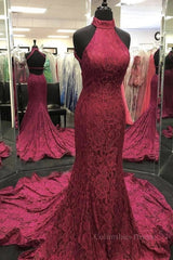 Pleated Dress, High Neck Backless Burgundy Lace long Prom Dress, Long Burgundy Lace Formal Evening Dress, Burgundy Ball Gown