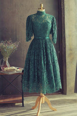 Formal Dress For Beach Wedding, High Neck Half Sleeves Green Lace Prom Dress, Green Lace Formal Graduation Homecoming Dress
