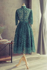 Formal Dresses Modest, High Neck Half Sleeves Green Lace Prom Dress, Green Lace Formal Graduation Homecoming Dress