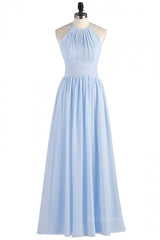 Elegant Wedding Dress, High Neck Light Blue Chiffon Empire Long Bridesmaid Dress