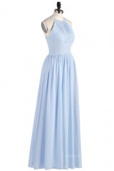 Bachelorette Party Theme, High Neck Light Blue Chiffon Empire Long Bridesmaid Dress