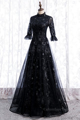 Evening Dress Dresses, High Neck Long Sleeves Beading-Embroidered Long Formal Dress