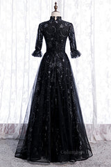 Evening Dresses Yde, High Neck Long Sleeves Beading-Embroidered Long Formal Dress