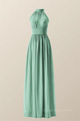 Girl Dress, High Neck Mint Green Chiffon A-line Bridesmaid Dress