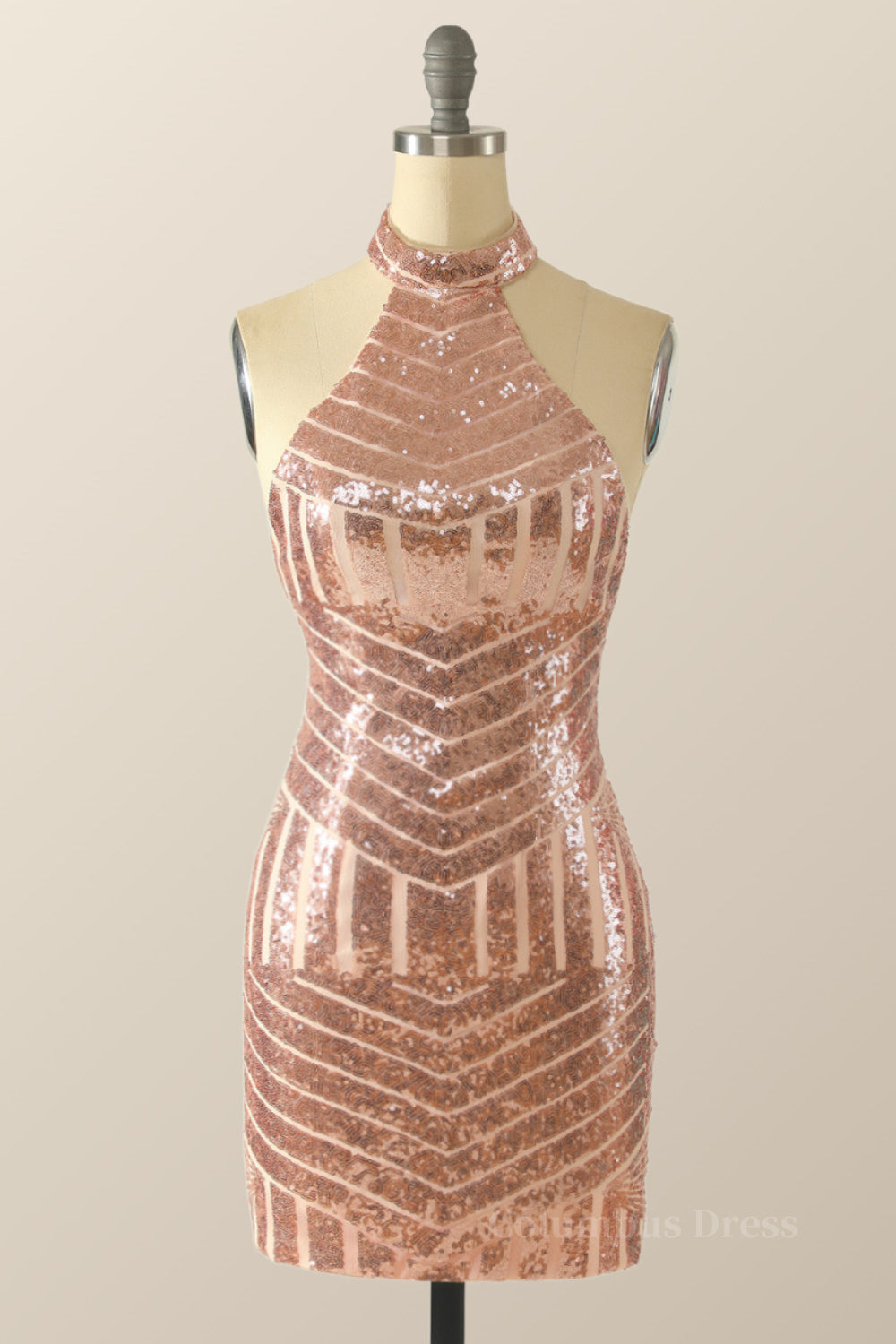 Homecoming Dress Sparkle, High Neck Rose Gold Sequin Tight Mini Dress