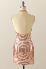 Homecoming Dresses Sparkles, High Neck Rose Gold Sequin Tight Mini Dress