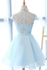 Maxi Dress, High Neck Short Blue Lace Prom Dresses, Short Blue Lace Graduation Homecoming Dresses