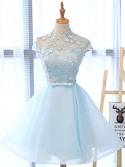 Gown, High Neck Short Blue Lace Prom Dresses, Short Blue Lace Graduation Homecoming Dresses