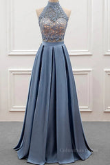 Evening Dress Wedding, High Neck Two Pieces Blue Lace Long Prom Dress, 2 Pieces Blue Lace Formal Dress, Blue Evening Dress