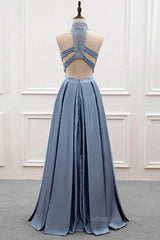 Evening Dress Long, High Neck Two Pieces Blue Lace Long Prom Dress, 2 Pieces Blue Lace Formal Dress, Blue Evening Dress