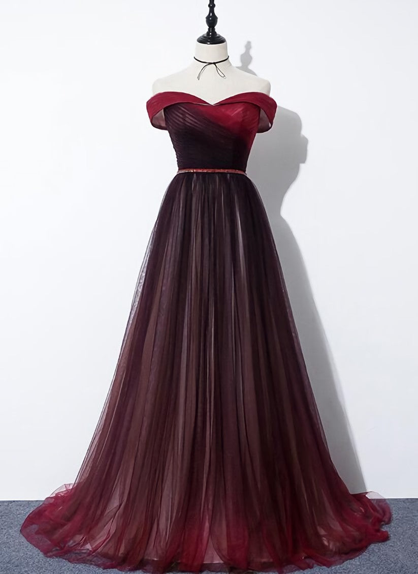 Party Dresses Glitter, High Quality Gradient Dark Red Sweetheart Long Prom Dress, Tulle Evening Dress