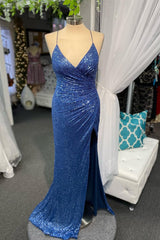 Bridesmaids Dresses Strapless, High Slit Blue Sequins Straps Mermaid Evening Gown,Ball Gowns Prom Dresses