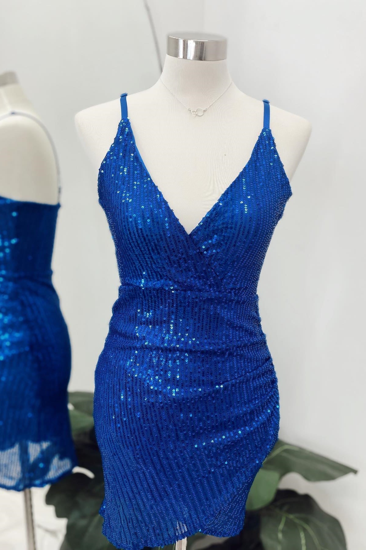 Party Dress Look, Royal Blue Sequins Deep V Neck Faux-Wrap Homecoming Dress